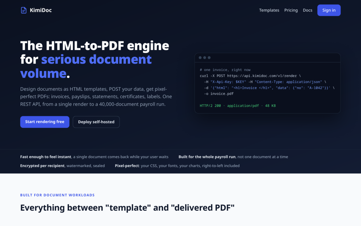 KimiDoc turns HTML templates into pixel-perfect PDFs via REST